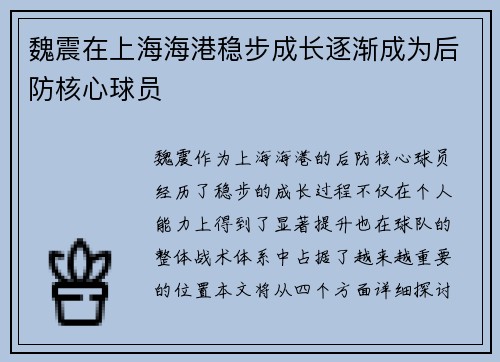 魏震在上海海港稳步成长逐渐成为后防核心球员